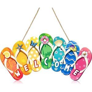 Summer Slippers Hanging Sign Shape Welcome Hello Flip Flop Wooden Door Sign